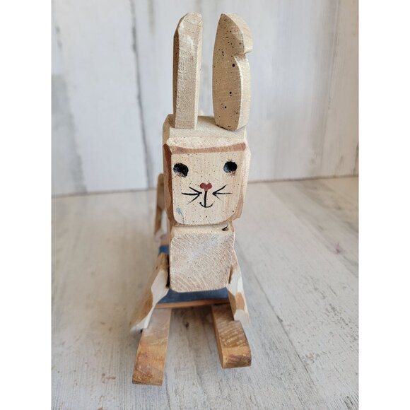 Vintage block Easter Bunny rabbit rocking horse tabletop spring home decor woode - Picture 7 of 7
